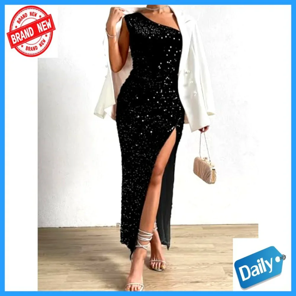 Sequin One Shoulder Bodycon Maxi Dress Elegant Formal Evening Party Gown - Picture 4 of 6
